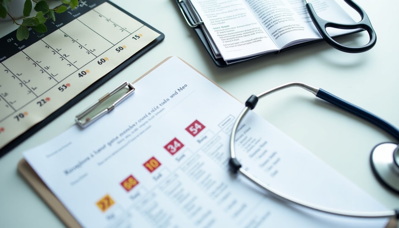 Mesa médica com calendário marcado por faixas etárias, estetoscópio e resultados de exames de rotina organizados