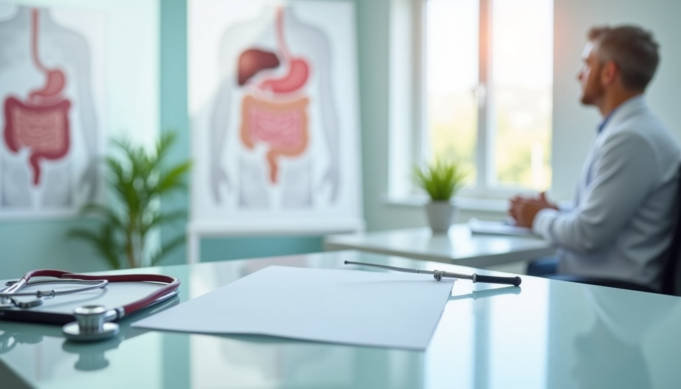Consultório de gastroenterologia moderno e organizado, com maca de exame e equipamentos médicos, representando o ambiente de uma consulta gastroenterológica