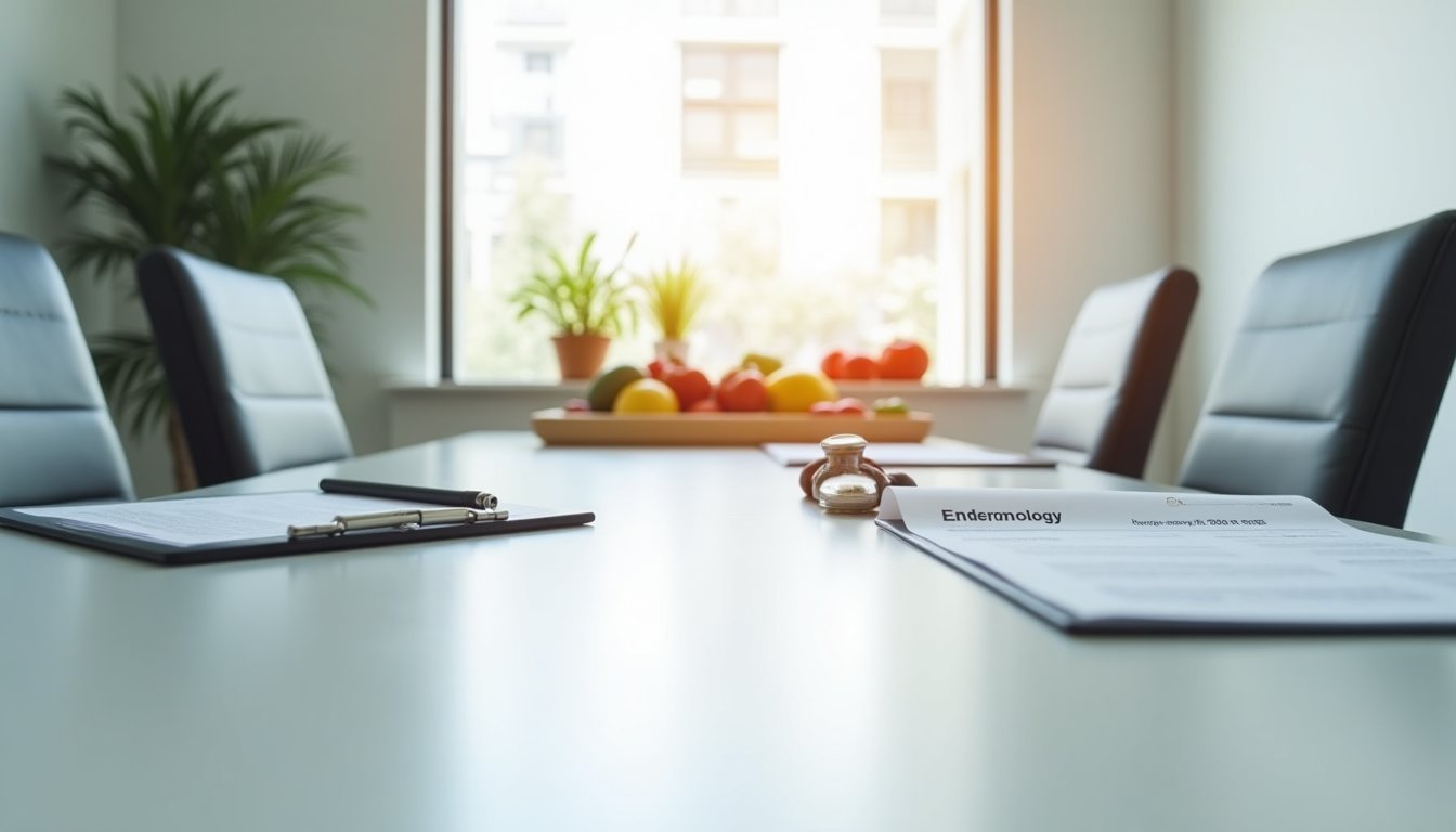 Sala de consulta médica com cadeiras vazias, prancheta de endocrinologia de um lado e materiais de nutrição do outro, representando a diferença entre endocrinologista e nutricionista
